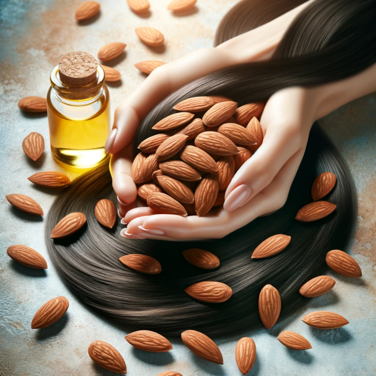 DALL·E 2024 01 07 19.28.10 An Image Showing A Handful Of Almonds Surrounded By Healthy Shiny Hair Strands And A Small Bottle Of Almond Oil With A Background That Subtly Sugges 768x768 