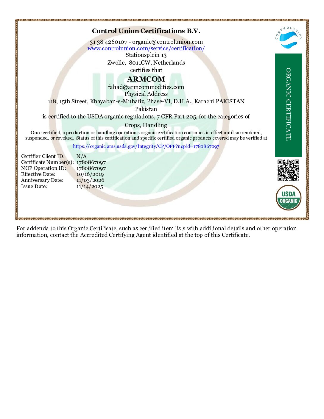 ARMCOM NOP Organic Certificate.